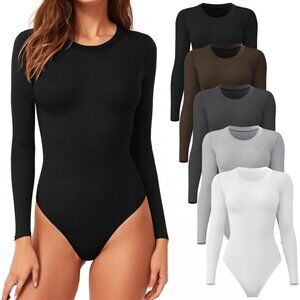 Women's 5 Pack Black White Dark Gray Light Gray Coffee Bodysuit Neck Crew Tops